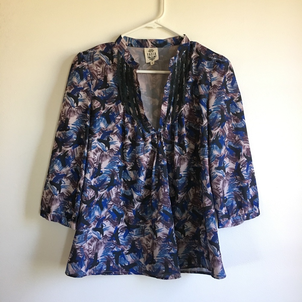 Boutique sparrow print peasant blouse, size M